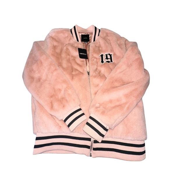 NWT Forever 21 Pink Fuzzy Varsity Bomber Jacket Number 19 Size M - Picture 2 of 4